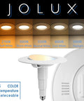 Jolux 6 Pack 5/6 Inch 5CCT LED Can Light Gimbal Retrofit Downlight showing 5 color temperatures and adjustable gimbal.