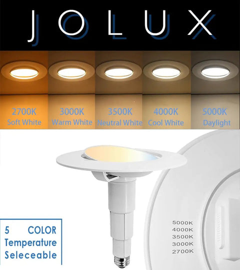 Jolux 6 Pack 5/6 Inch 5CCT LED Can Light Gimbal Retrofit Downlight showing 5 color temperatures and adjustable gimbal.