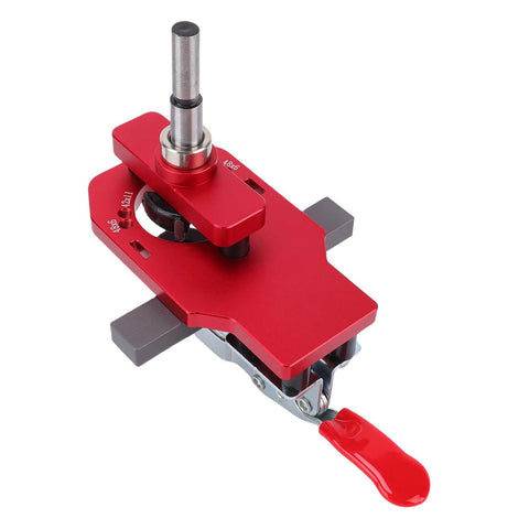 Concealed Hinge Jig With Precision Drill Guide And Adjustable Depth Quick Clamp For Cabinet Doors, red metal design, side view