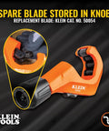 Klein Tools 50046 tubing cutter in orange, for copper and aluminum; front view with spare blade stored in knob