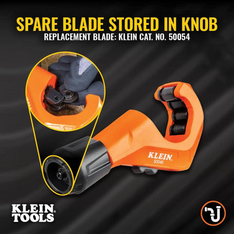 Klein Tools 50046 tubing cutter in orange, for copper and aluminum; front view with spare blade stored in knob