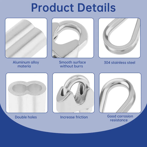24 Piece M8 Wire Rope Cable Clamp Ferrule Kit with close-up of stainless thimbles, smooth aluminum sleeves, and corrosion resistance