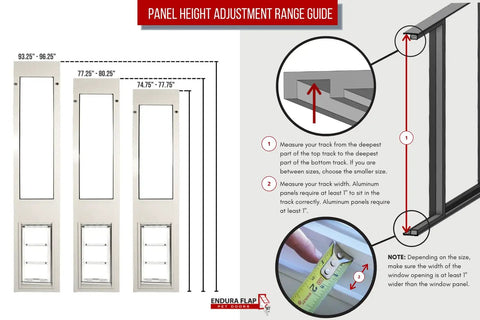 Panel height adjustment guide for Heavy Duty Thermo Panel Sliding Glass Door Pet Entry with measurements for installation.