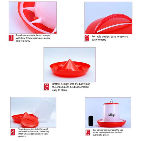 Heavy Duty Plastic Hanging Chicken Feeder For Coop No Nonsense Design Quick Assembly Automatic Poultry Feed Dispenser 12kg size and portable design.