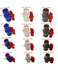 Full Port Pvc Ball Valve With Red T Handle And Slip Ends Offers Knockout Durability For Your No Sweat Backyard Oasis Setup Fits 20 25 32 40 Mm Pipes For Greenhouses Yards And Diy Irrigation Projects Boasts Fast Solvent Install, displaying various sizes and colors.