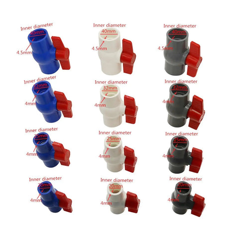 Full Port Pvc Ball Valve With Red T Handle And Slip Ends Offers Knockout Durability For Your No Sweat Backyard Oasis Setup Fits 20 25 32 40 Mm Pipes For Greenhouses Yards And Diy Irrigation Projects Boasts Fast Solvent Install, displaying various sizes and colors.