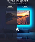 Before and after using Dope LED TV Backlight Kit 13.1ft RGB 5050 Strip for enhanced visual effect on TV