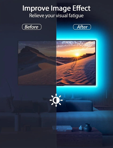 Before and after using Dope LED TV Backlight Kit 13.1ft RGB 5050 Strip for enhanced visual effect on TV