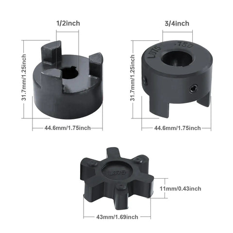 Flexible Beefy One Half Inch To Three Quarter Inch L Jaw Coupling Set Three Piece With Buna N Rubber Spider dimensions shown