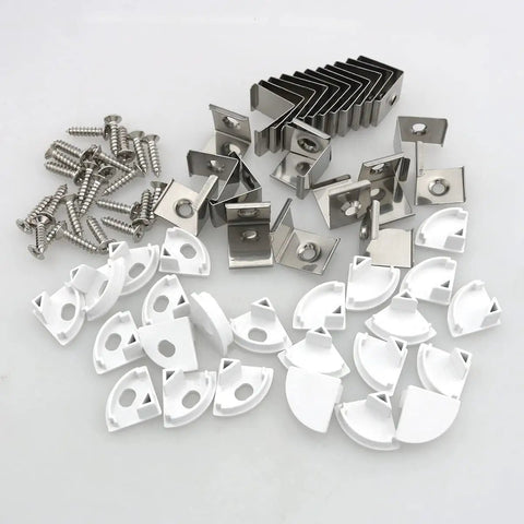 LED Channel Aluminum Track Kit with 24 mounting clips, end caps, and screws for recessed or surface mount installations.