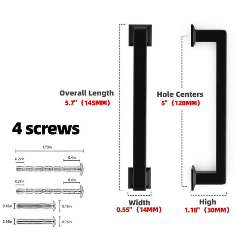 Diagram showing dimensions of Matte Black Cabinet Pulls 5 Inch 128mm Set Of 10 Durable Alloy Kitchen Cabinet Handles