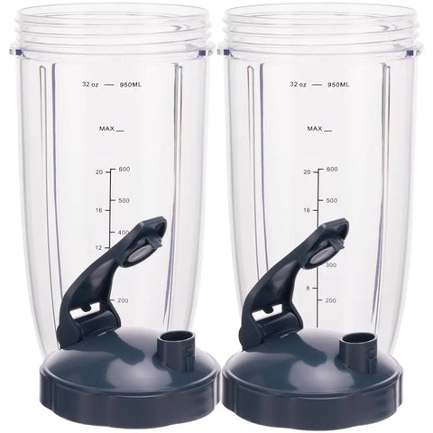 Set of 2 clear 24oz Replacement Blender Cups with flip-top lids, fits 600W and 900W high-speed blenders, durable easy clean jars