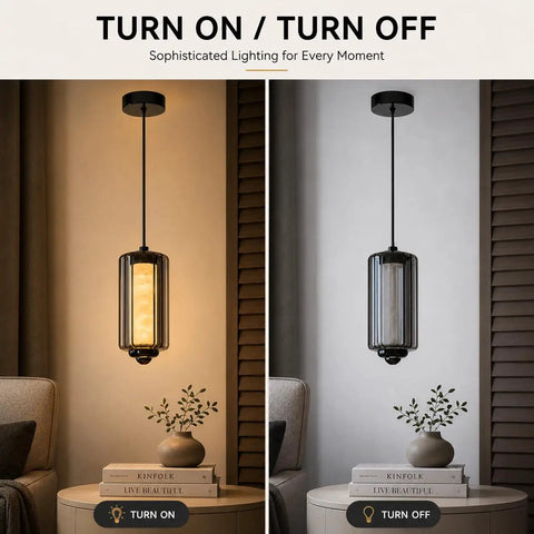 Alabaster Pendant Lights, Smoky Gray Glass Pendant Light Fixtures illuminating a cozy living room with soft warm light.