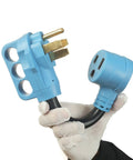 Heavy Duty NEMA 14 50P to 6 50R Welder and RV Power Adapter 4 Prong to 3 Prong Converter held in gloved hand