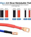 Cable lug crimping tool kit with copper lug connectors and red/blue insulated cables plus heat-shrink tubing
