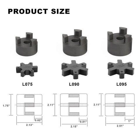 Flexible L Jaw Coupling Set Half To Three Quarter Inch Bores L095 Three Piece With NBR Buna N Rubber Spider Includes Two Halves And Insert Keyways And Set Screws Interchangeable With Lovejoy Martin Browning TB Woods size chart for L075, L090, L095