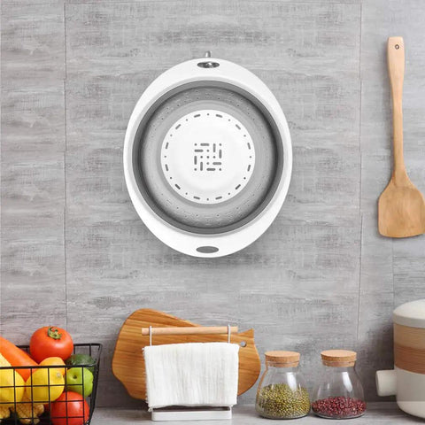 Foldable 5 Quart Collapsible Colander And Strainer Must Have Heavy Duty Kitchen Drainer Basket hanging on kitchen wall