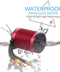 Waterproof 4370KV Brushless RC Car Motor submerged in water showing 4-pole, 12-slot design with attached wires.