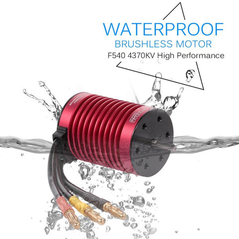 Waterproof 4370KV Brushless RC Car Motor submerged in water showing 4-pole, 12-slot design with attached wires.