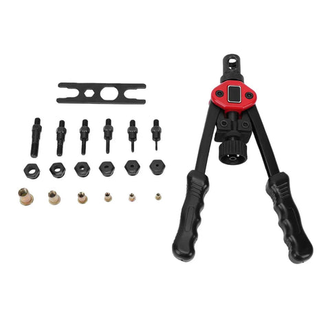 All In One Rivet Nut Tool Kit With 6 Mandrels M3 M4 M5 M6 M8 M10 And 175 Piece Metric Rivet Nut Set, tool and accessories displayed