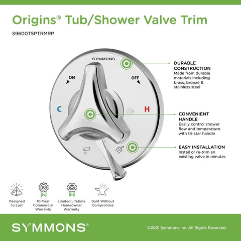 Origins Tub And Shower Trim Kit With Tri Star Handle And Hot Cold Indicators In Polished Chrome Valve Not Included, front view.