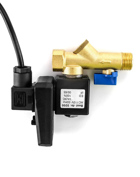 Automatic Timed Drain Valve For Compressed Air Systems, 2 Pack, 110V AC, shown with half inch inlet outlet and L shaped mount