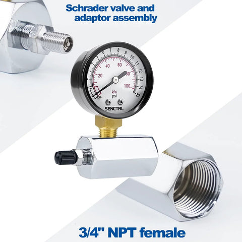 Front view of SENCTRL 0–15 psi gas pressure gauge, 2-inch dial, 3/4-inch FNPT brass valve, chrome-plated steel body.