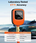 ETENWOLF T600 digital tire pressure gauge with orange housing and black display, connected to hose adapter