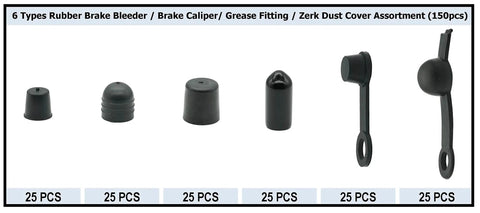 6 Types Rubber Brake Bleeder Cap Set 150 Pcs Caliper Cap Grease Fitting Cap Zerk Dust Cover Assortment for cars and motorcycles.