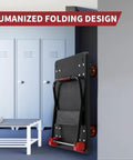 Heavy Duty Platform Cart Workhorse With 1000 Lb Capacity 36 By 24 Inch Foldable Hand Truck Dolly in folded position on wall