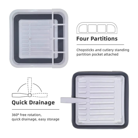 Top view of Collapsible RV Dish Drying Rack with Built In Utensil Organizer, showing partition pockets and drainage feature.