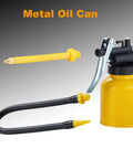 Yellow dual spout metal pump oiler with straight and flexible spouts for precise lubrication on cars, bikes, and machinery.
