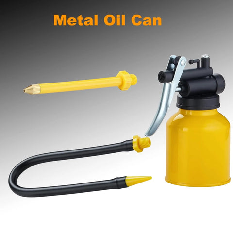 Yellow dual spout metal pump oiler with straight and flexible spouts for precise lubrication on cars, bikes, and machinery.