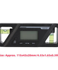 Dead Nuts Accurate Digital Level With Rock Solid Magnetic Base And Bright Lcd Screen And Precision Inclinometer And Angle Finder Tool For Woodworking And Auto Shop Jobs on a black background with two bubble vials and digital display.