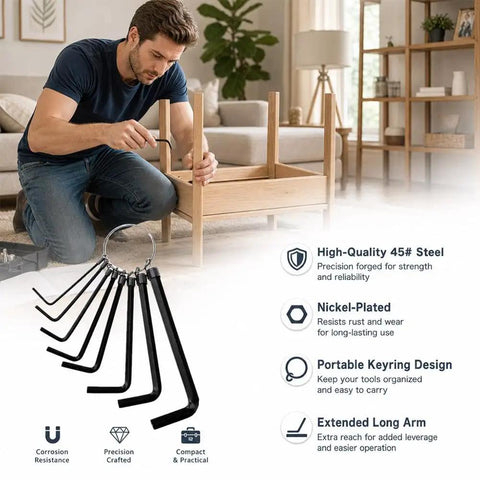 Ultimate 8 Piece Metric Hex Key Allen Wrench Set With Durable Keychain Long Arm Design Perfect For Bike Repair Furniture Assembly And Tough Garage DIY Jobs That Demand Serious Grit And Precision In Every Turn. 8-piece 45# steel metric set on keyring
