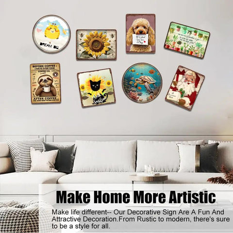 Various decorative wall signs arranged above a sofa including floral, animal, and humorous themes with vintage style.