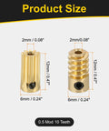 Brass gear set: front view 10T gear, 2mm bore; side view worm gear, 2mm bore, 12mm tall, 6mm dia.
