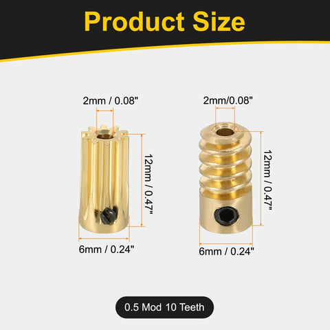 Brass gear set: front view 10T gear, 2mm bore; side view worm gear, 2mm bore, 12mm tall, 6mm dia.