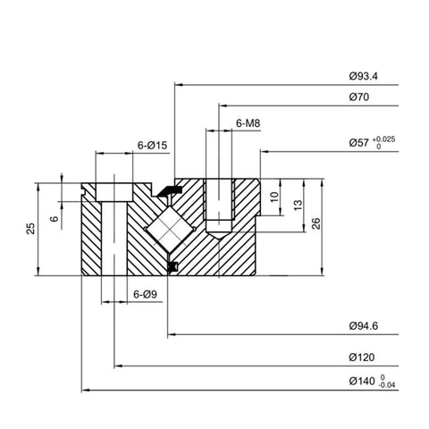 Technical drawing of Heavy Duty Precision Slewing Ring With Crossed Roller Setup, Model Xu060094, dimensions 57mm X 140mm X 26mm.