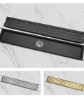 60 Cm Heavy Duty Square Invisible Floor Drain For Bathrooms And Showers Gravity Self Closing Stopper in black, silver, and gold finishes.