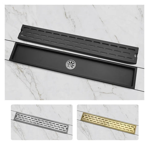60 Cm Heavy Duty Square Invisible Floor Drain For Bathrooms And Showers Gravity Self Closing Stopper in black, silver, and gold finishes.