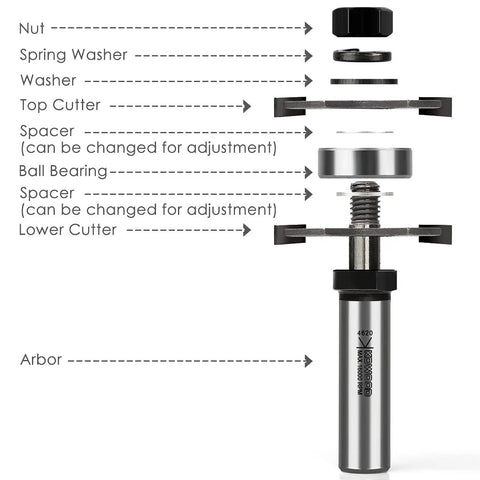 Exploded view of Adjustable Tongue And Groove Router Bit Set With One Half Inch Shank showing components for precision wood milling.