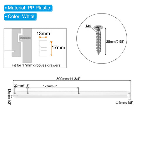 Rock Solid 12 Inch Side Mounted Plastic Drawer Slides In Crisp White Featuring No Fuss Mounting Screws For Smooth Gliding Cabinet And Dresser Upgrades Set Of Two with dimensions and screw details.