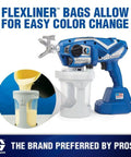 Professional Corded Airless Paint Sprayer With Triax Triple Piston Pump And Smart Control Dial featuring FlexLiner bags for easy color change.