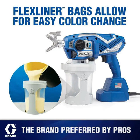 Professional Corded Airless Paint Sprayer With Triax Triple Piston Pump And Smart Control Dial featuring FlexLiner bags for easy color change.