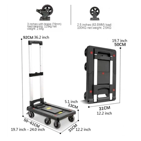 Heavy Duty Foldable Push Hand Cart With Smooth Retractable Handle Slick Rolling Platform Truck dimensions and features displayed.
