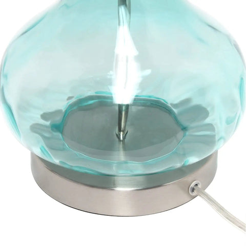 Close-up of sage green dimpled glass base with brushed nickel accents of Modern Sage Green Dimpled Glass End Table With White Fabric Shade Lamp Sleek Bedside Table With Brushed Nickel Accents And Easy Rotary Switch Perfect Living Room Or Bedroom Accent.