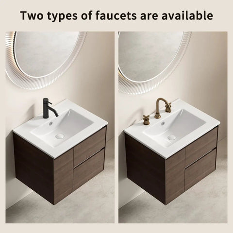 24 Inch Bathroom Vessel Sink, Ceramic Vanity Sink Top with Pre-Drilled Holes, featuring two faucet options in modern decor.