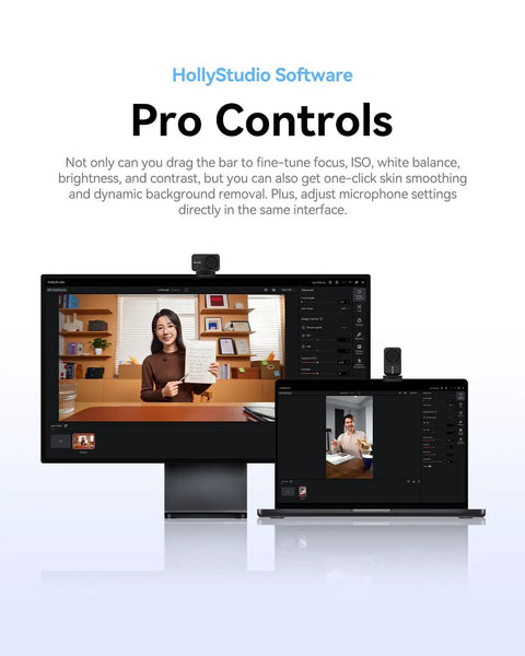 Hella Crisp 4K Webcam With Massive 1.5 Inch Sensor And Killer Low Light Vision Plus Smooth AI Auto Framing Tracking For Zoom TikTok Live Streaming With Direct Wireless Mic Support And Privacy Lock displayed on desktop and laptop screens.