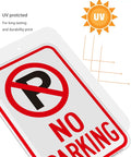 Close-up of 4 Pack 18 By 12 Inch No Parking Signs Made From Reflective Aluminum With Symbol, UV Protected for outdoor durability.